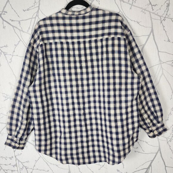 GAP Navy Checks 55% Ramie Blend Button Front Band Collar Shirt - Picture 3 of 5